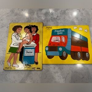 Vintage 1960s Playskool Wooden Puzzle Boards Doctor & Truck Set MCM
